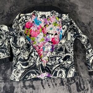 Anage Zip Front Jacket Womens Large Black White Paisley Beaded Floral Lining